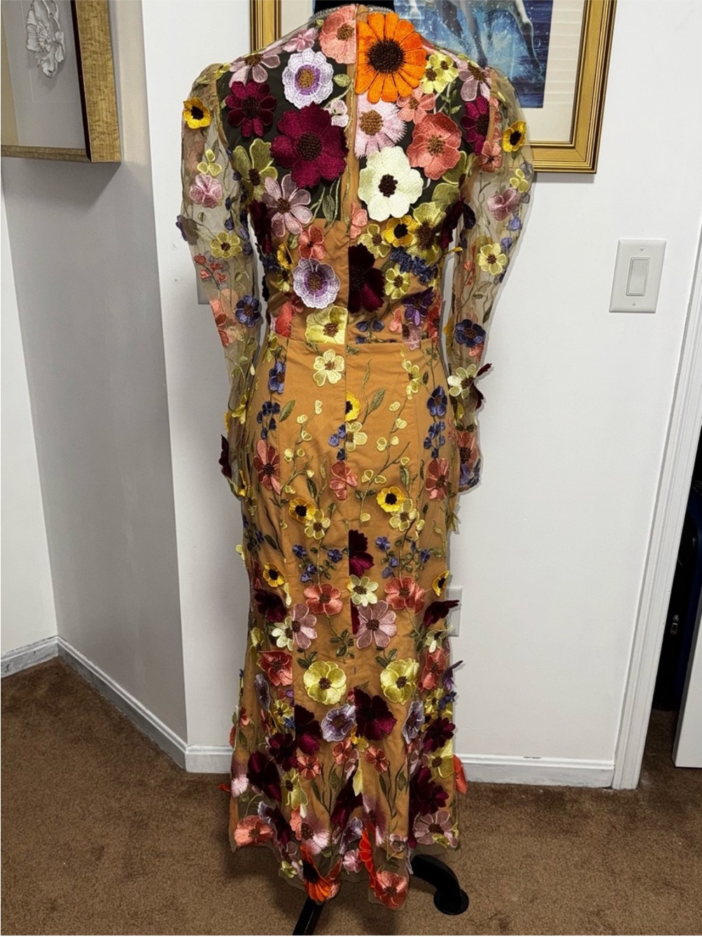 Floral Appliqué Sheer Long-Sleeve Midi Dress - Multi - Picture 6 of 11